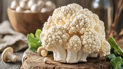 A bunch of cauliflower sitting on top of a wooden table