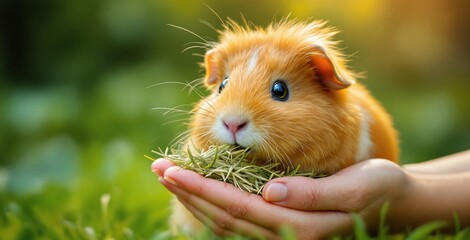Adorable Guinea Pig Being Fed Fresh Hay in a Lush Green Environment