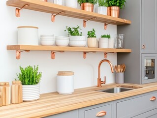 Scandinavian Kitchen with Wood Countertop and Open Shelving