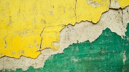 A yellow and green wall with peeling paint on it