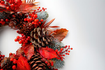 close up horizontal image of a red christmas wreath decoration over a white background, copy space