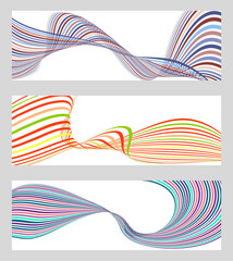 Wavy lines or ribbons. Set of 3 backgrounds. Multicolored striped gradient. Creative unusual background with abstract gradient wave lines to create a trendy banner, poster. vector eps