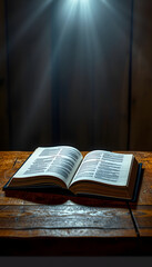 Fototapeta premium Open book on wooden vintage table with mystic magic bright light on background isolated with white highlights, png