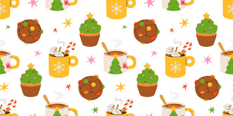 Seamless Christmas pattern with cacao drink, ginger cookie, present and lollipop. Vector illustration for textile, postcard, wrapping paper, poster, background, book, t-shirt.