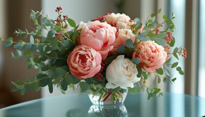 Obraz premium Romantic bouquet of blush peonies with greenery for elegant floral decor