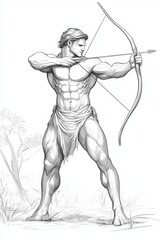 Strong male archer in a dynamic pose, ready to shoot an arrow, showcasing impressive musculature and focus.