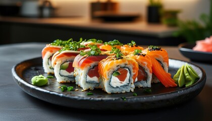 Classic sushi set with rolls on black plate in elegant restaurant setting
