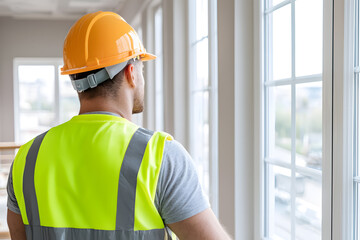 Worker in a Safety Vest and Hard Hat Installing a Window, Demonstrating Precision and Safety Measures on a Construction or Renovation Site