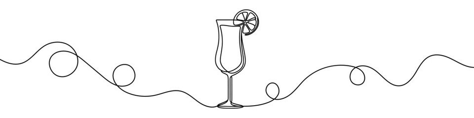 Minimalist vector illustration of a cocktail glass with a slice of lemon, created using a continuous line