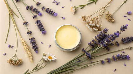 Open tin of beeswax balm surrounded by lavender sprigs