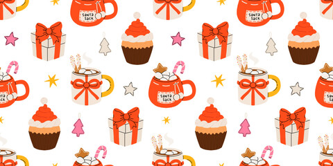 Seamless Christmas pattern with cacao drink, ginger cookie, present and lollipop. Vector illustration for textile, postcard, wrapping paper, poster, background, book, t-shirt.