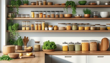 Cozy kitchen interior with wooden shelves filled with jars and greenery for home organization design