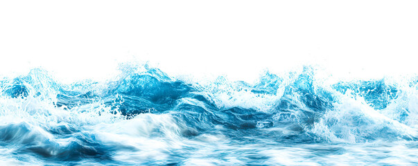 The ocean is blue and white, with waves crashing against the shore