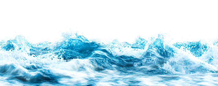 The ocean is blue and white, with waves crashing against the shore