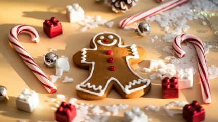 Gingerbread Men and Candy Canes on Wooden Table