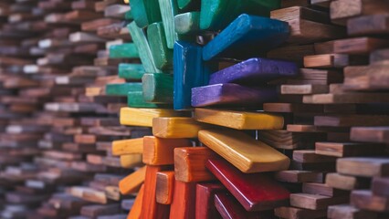 Vibrant Rainbow Wooden Blocks Stacked Against Rustic Wood Background - Creative Design Texture