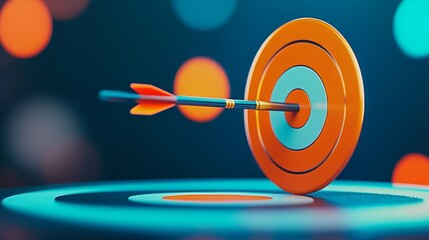 Close-up of an arrow hitting the bullseye on a target board with a blurred background, representing the concept of business goals and success