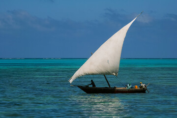 Fishermen of Zanzibar with authentic fishing boats, Dhow