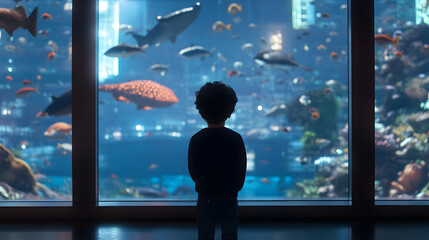 Fototapeta premium Boy Facing a Large Aquarium Full of Colourful Fish, Captivated by the Underwater World in a Peaceful and Mesmerising Setting