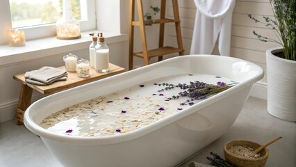 Luxury bathtub with an oatmeal bath and candles around
