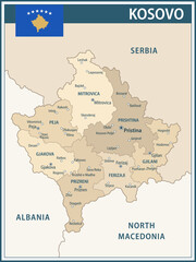 Naklejka premium Kosovo Map Vector Vintage Dark Blue Beige - Customizable layered political map of Kosovo with administrative divisions for website, education, reports, news, politics, print, poster and wallpaper