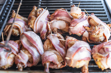 Cornish game hens wrapped in bacon