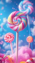 Colorful lollipops in pop-art style on a pink background, AI-generated