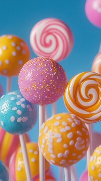 Lollipop with pink-and-white stripes and colorful candies on a blue background, AI-generated