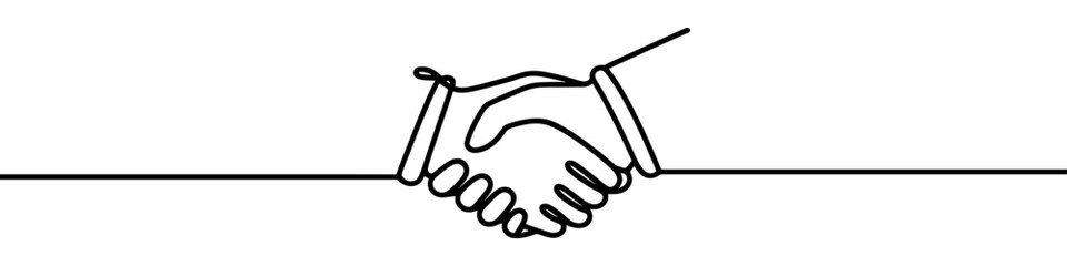 One continuous line illustration of a handshake, isolated on white background. Line art of handshake.