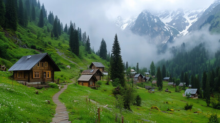 Quiet mountain village with snow-covered peaks and misty air, Swiss alpine village. 