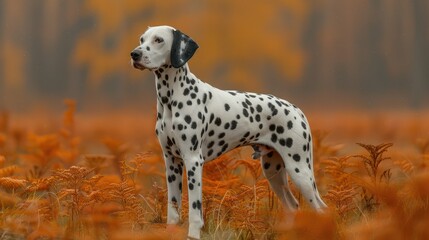 Dalmatian dog standing in autumn field.