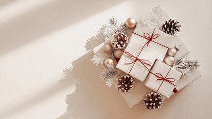 Christmas Gifts, New Year coming Concept. Elegant Christmas decorations featuring white gifts adorned with gold ribbons, pine cones, and festive foliage create warm holiday atmosphere