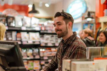 Friendly cashier assisting a customer in a vibrant retail environment with shelves of diverse products in the background