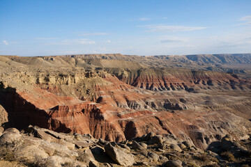 Monument rock view, Mangystau region landscape, Kokesem area, Kazakhstan.