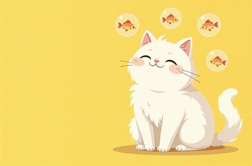 A cute white cat thinking about food. a hungry cartoon cat. yellow background. a place for text, bubbles in the form of a balloon with a fish icon. the whole body. Pets. for printing, stickers