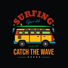 Surfing club emblem. Original vector illustration in vintage style. T-shirt design.