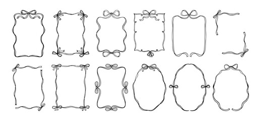 Bow frame. Vintage hand drawn ribbon border. Trendy doodles elegant ribbons and bows for wedding, birthday invitations party. Wavy, quirky decorative shape. Vector set