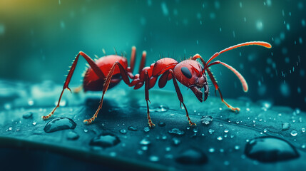 macro photo red ant on green leaf under rain