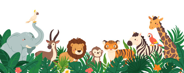 Jungle animals. Background with cartoon African mammals in tropical plants. Wild animal banner. Lion, elephant, zebra, tiger in leaves, bushes. Vector illustration