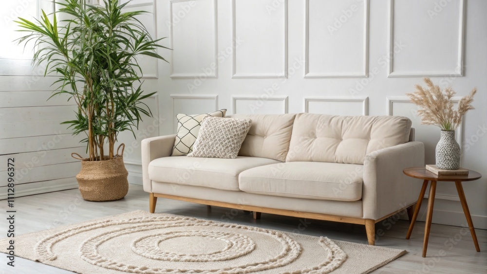Poster a modern lounge area with a low chic sofa a dramatic tall plant that adds height and intricately lay
