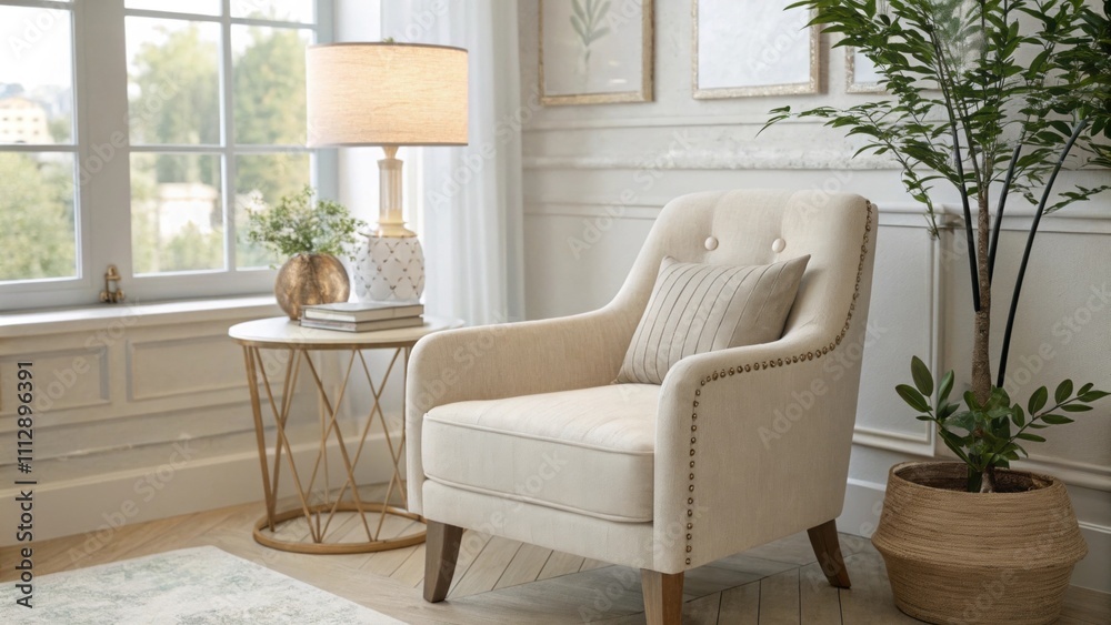 Poster a stylish yet serene lounge space with neutralcolored furnishings including a soft armchair and a mi