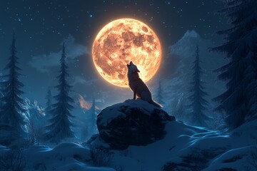 Wolf howling at full moon over snowy landscape