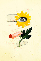 Creative vertical art sketch image collage of hands hold chrysanthemum flower bloom bud eyeball...