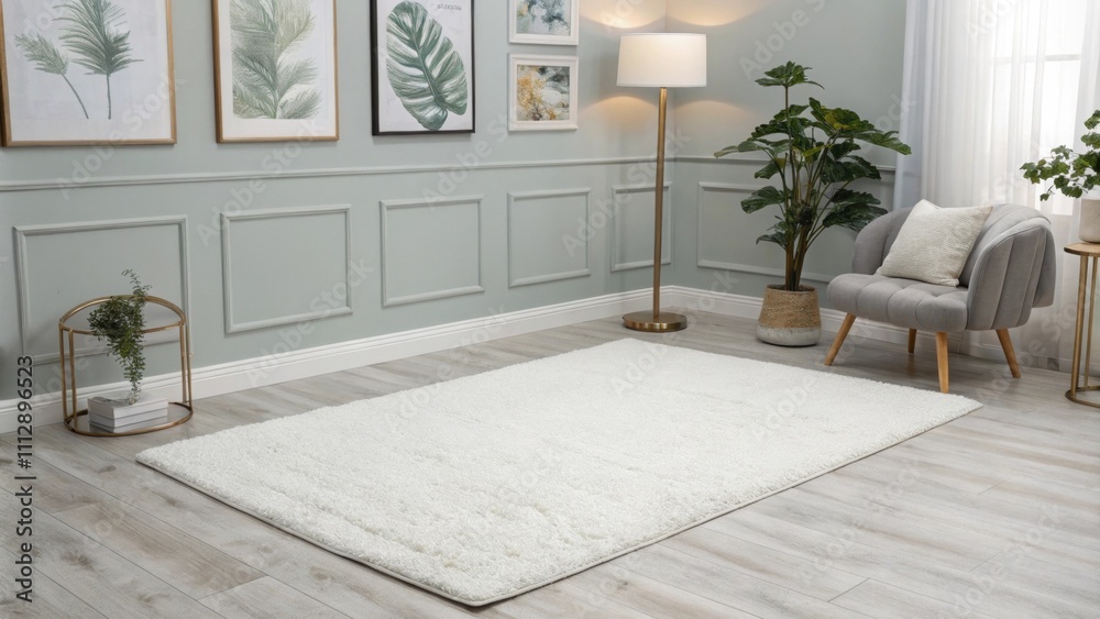 Poster minimalist decor emphasizes a large white area rug on light gray flooring complemented by a single c