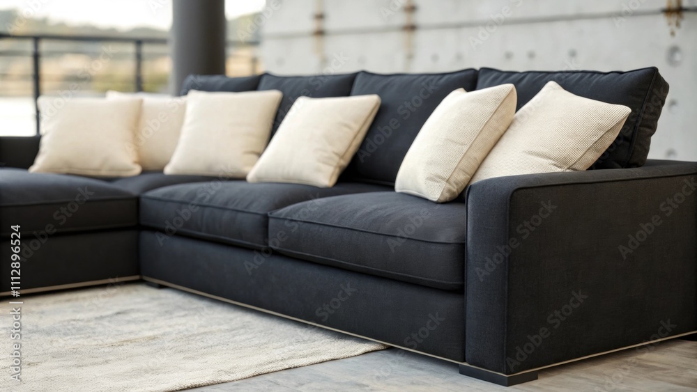 Aufkleber A sophisticated interior displays a streamlined black sectional accentuated by an array of soft cream throw pillows inviting relaxation while maintaining an elegant