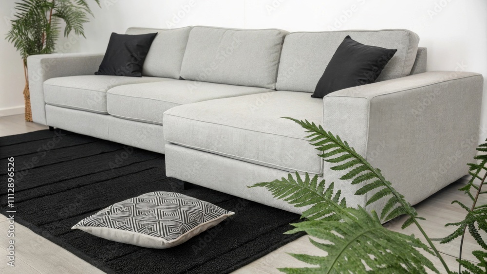 Poster A cleanlined modular couch in shades of gray complements the monochrome theme of the space. A striking black rug anchors the seating area while a leafy fern adds a subtle pop