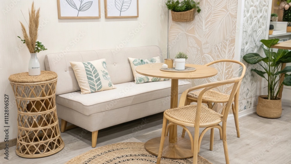 Poster a serene interior scene highlighting a chic spacesaving couch alongside light wood chairs and a deco