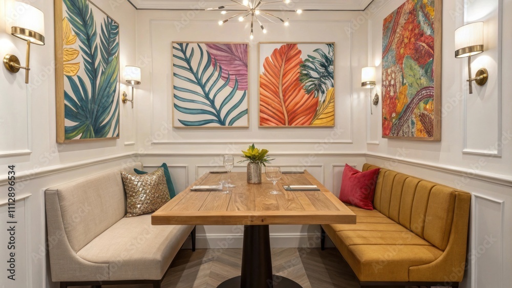 Aufkleber An elegant dining space dominated by a simple wooden table enhanced by large colorful abstract canvases on the walls and eyecatching metallic decorative elements tered