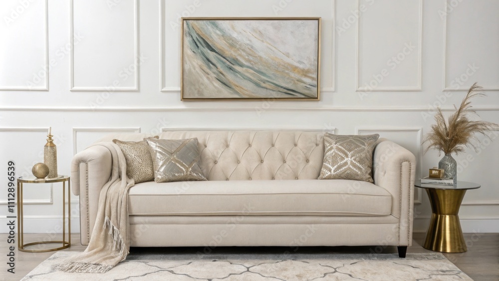 Poster the minimalist room showcases a stylish couch with a modern silhouette a captivating abstract artwor