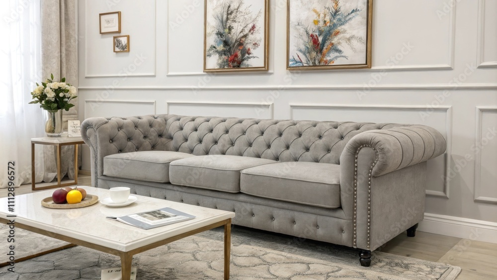 Poster A stylish living room layout includes a textured gray tufted sofa and a cleanlined coffee table enhanced by dynamic artwork that adds color and energy to the atmosphere.